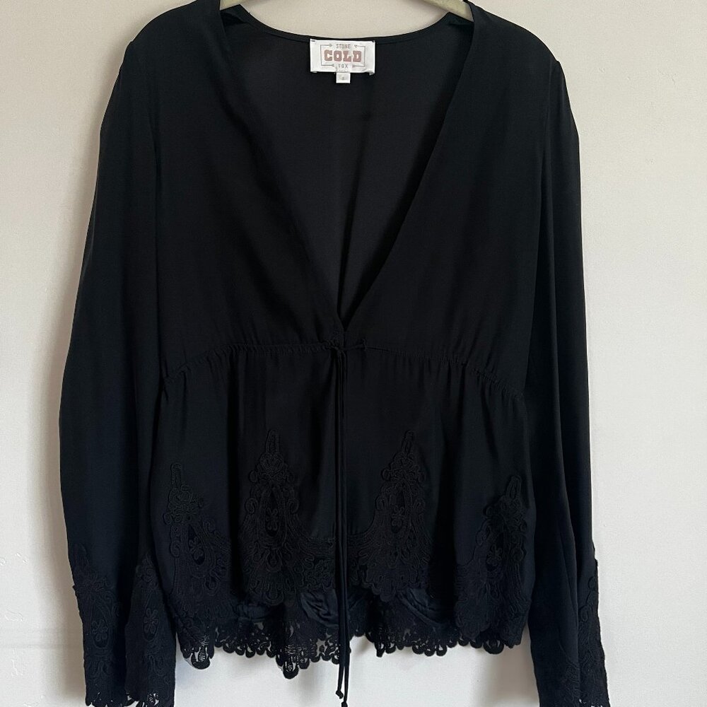 Stone Cold Fox Womens Long Sleeve Tunic Top V-Neck Embroidered Hem Black Size 2